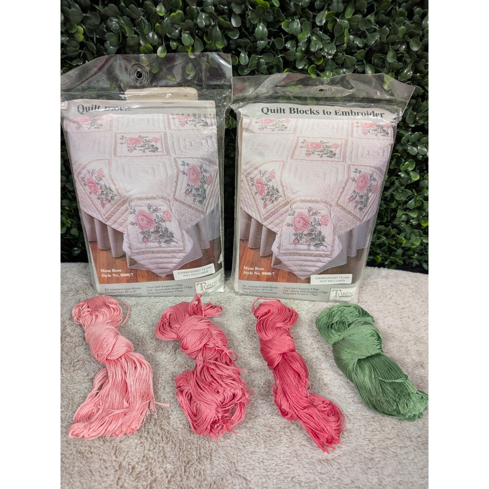 2 Tobin Moss Rose Stamped Quilt Blocks 12ct Embroidery Kit 8800/7 w/ Bonus Floss